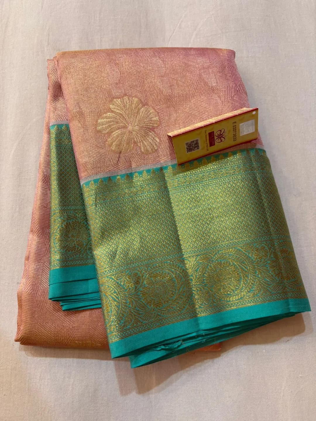 PURE KANJEEVARAM TISSUE SAREE WITH SILK MARK CERTIFIED  LIGHT PINK  WITH BLUE BORDER PH46319